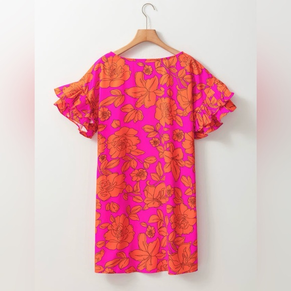 NWT! Beautiful Boutique Floral Ruffle Sleeve Dress - Pink and Orange! 💕 - Picture 5 of 8
